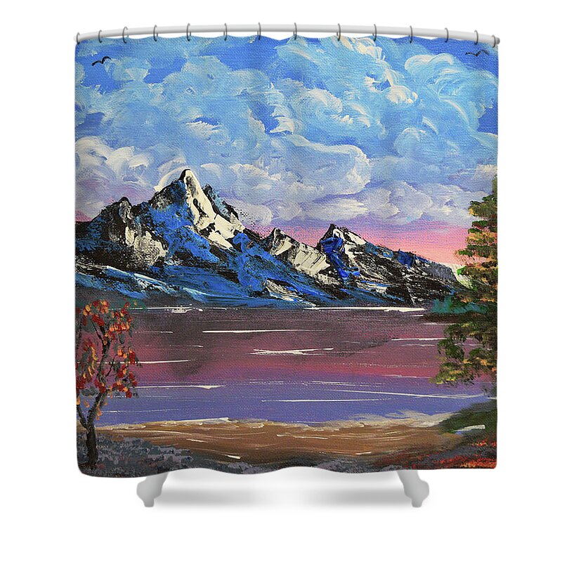 Mountains Shower Curtain featuring the painting Evening Lake Wonder by Chance Kafka