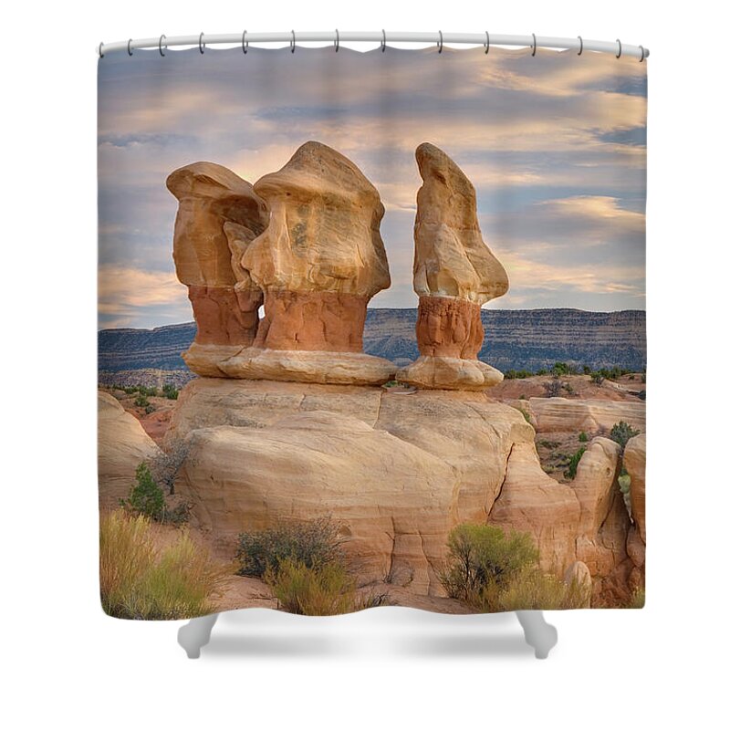 Scenics Shower Curtain featuring the photograph Evening Light Over Devils Garden, Grand by Alan Majchrowicz