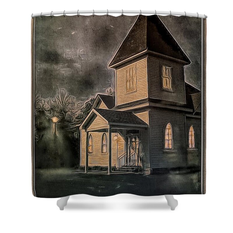 Church Shower Curtain featuring the digital art Evening Services by Bonnie Willis