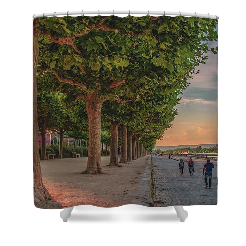 Mainz Shower Curtain featuring the photograph Evening Stroll Along the Rhine River by Marcy Wielfaert