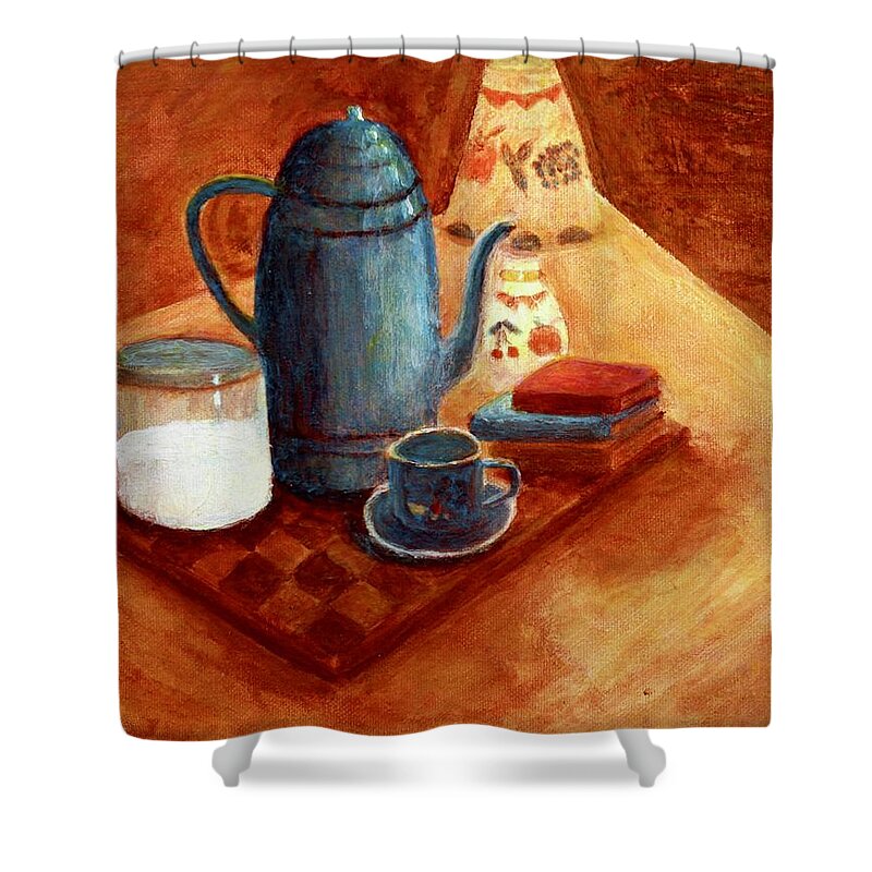 Still Life Evening Home Lamplight Books Shower Curtain featuring the painting Evening Tea by Thomas Santosusso