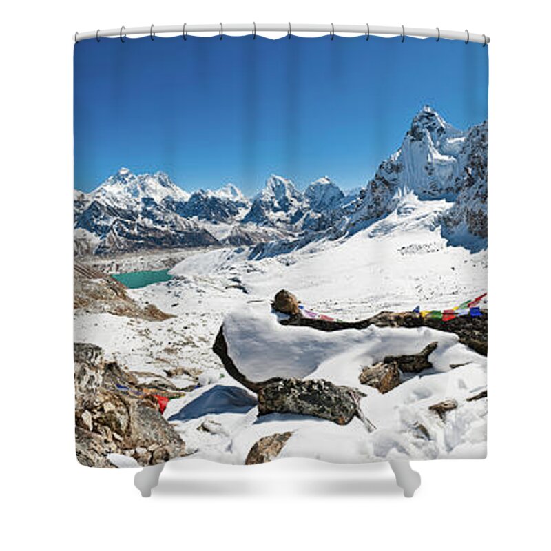 Scenics Shower Curtain featuring the photograph Everest Prayer Flags Mountain Pass by Fotovoyager