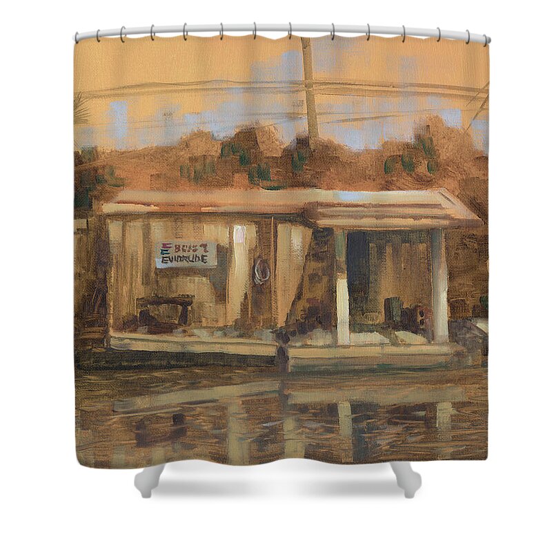 Evinrude Shower Curtain featuring the painting Evinrude Service and Bait Shop by David Bader