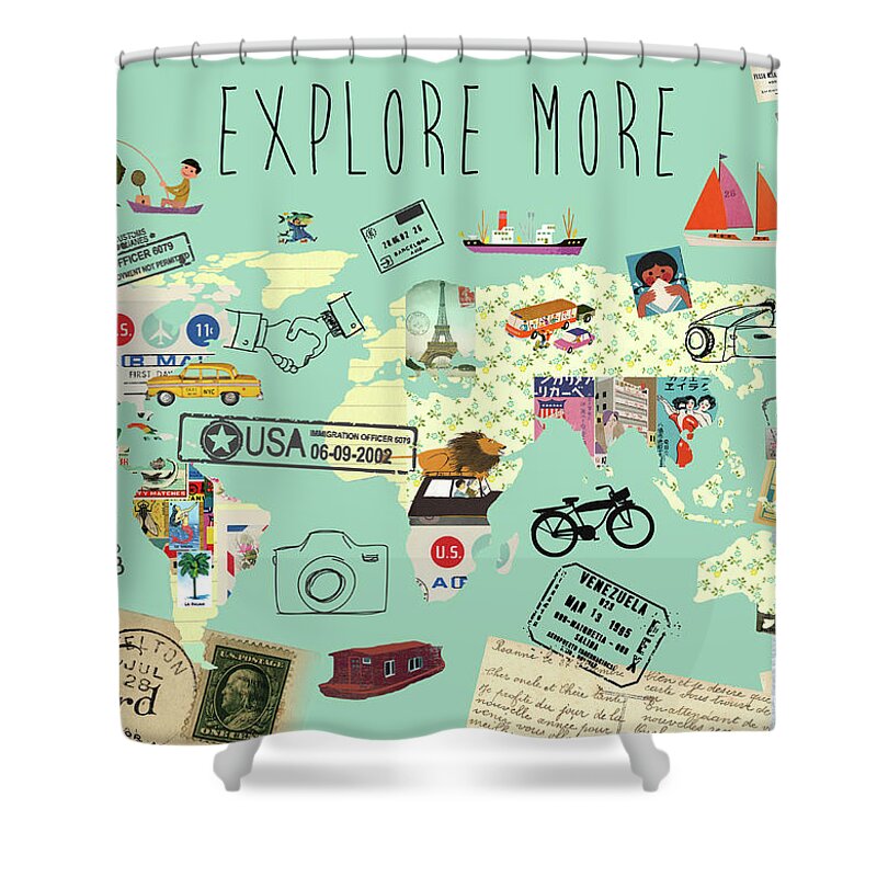 Exlore More World Map Shower Curtain featuring the mixed media Exlore more world map by Claudia Schoen