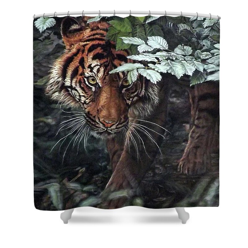 Tiger Shower Curtain featuring the painting Eye See You by Linda Becker