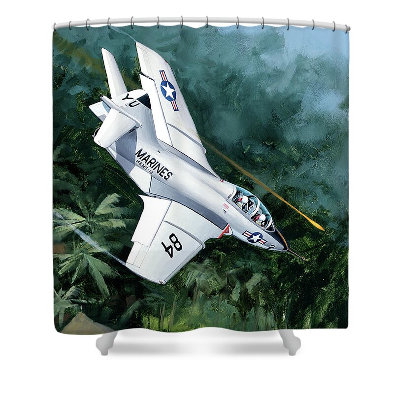 Military Aircraft Shower Curtain featuring the painting Grumman F9F Cougar by Jack Fellows