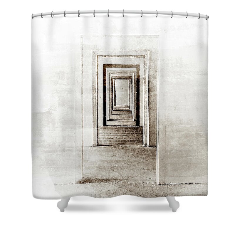 Linear Perspective Shower Curtain featuring the digital art Faded Doors In The Distance by Phil Perkins