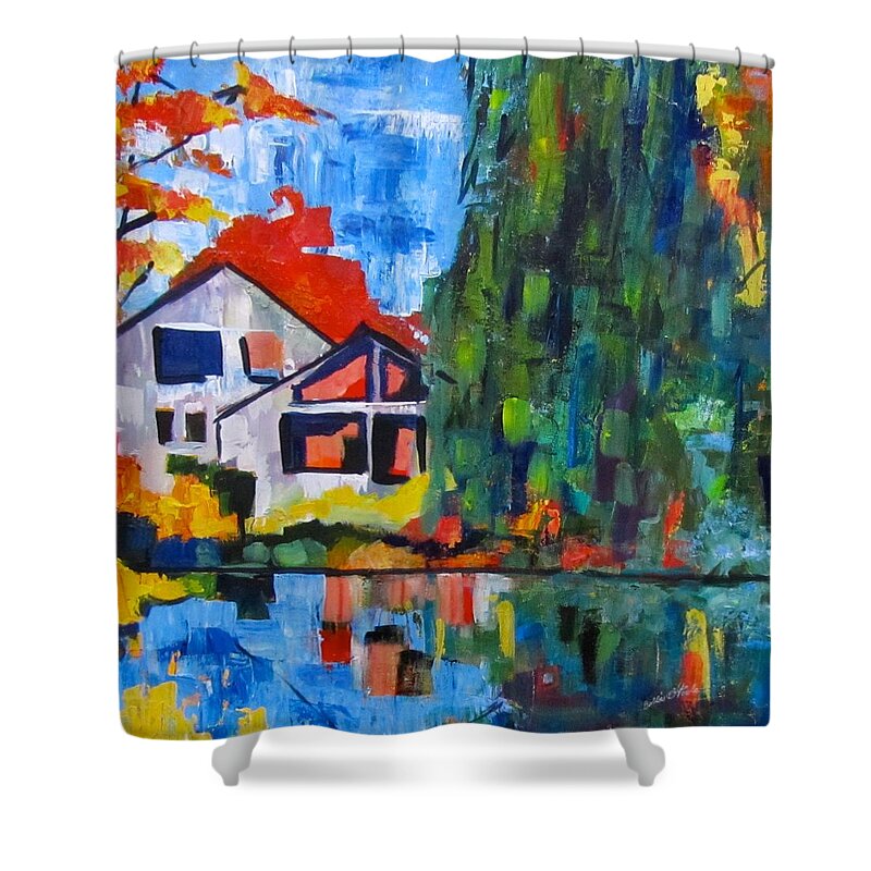 Pond Shower Curtain featuring the painting Fall at Orchard Pond by Barbara O'Toole