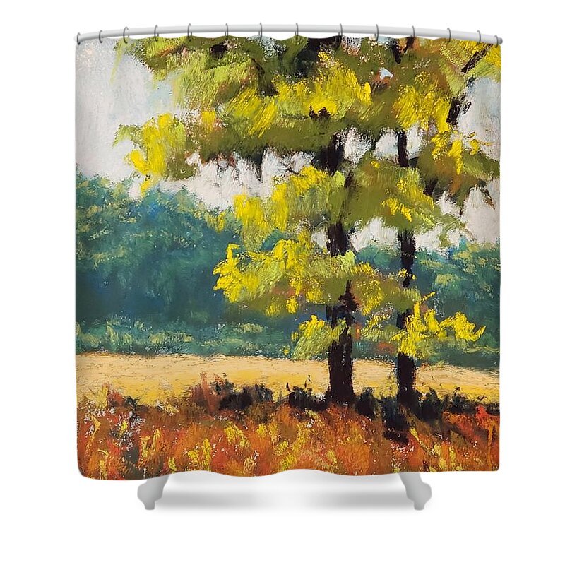 Trees Shower Curtain featuring the pastel Fall Explosion by Diana Colgate