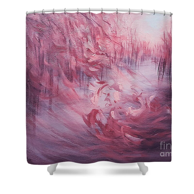 Autumn Shower Curtain featuring the painting Fall Flurry - Purple by Yoonhee Ko