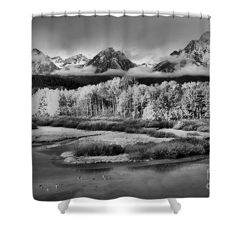 Oxbow Shower Curtain featuring the photograph Fall Foliage Along The Snake River Black And White by Adam Jewell