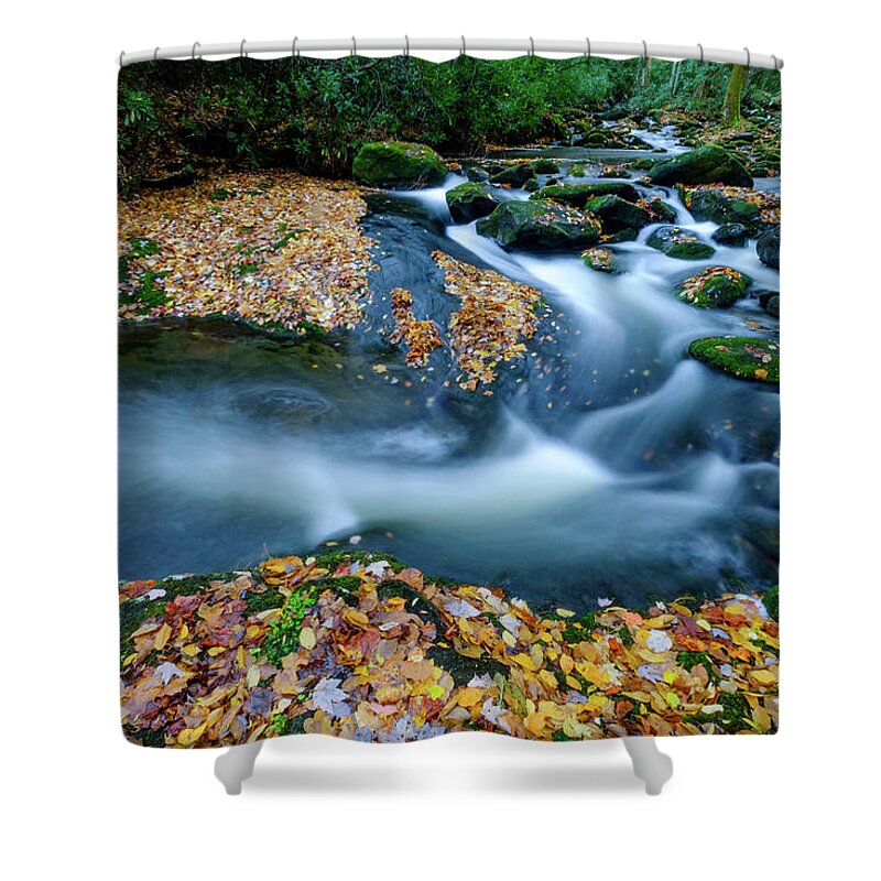 Fall Colors And Waterfall Shower Curtain featuring the photograph Fall On The Prong by Johnny Boyd