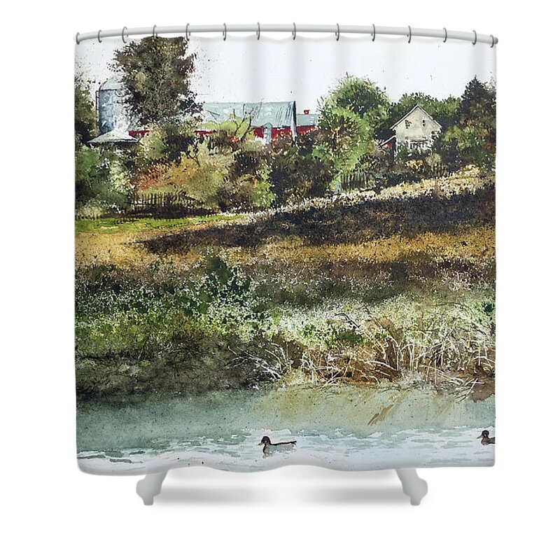 Two Ducks Swim In A Farm Pond Near Lancaster Shower Curtain featuring the painting Farm Pond by Monte Toon