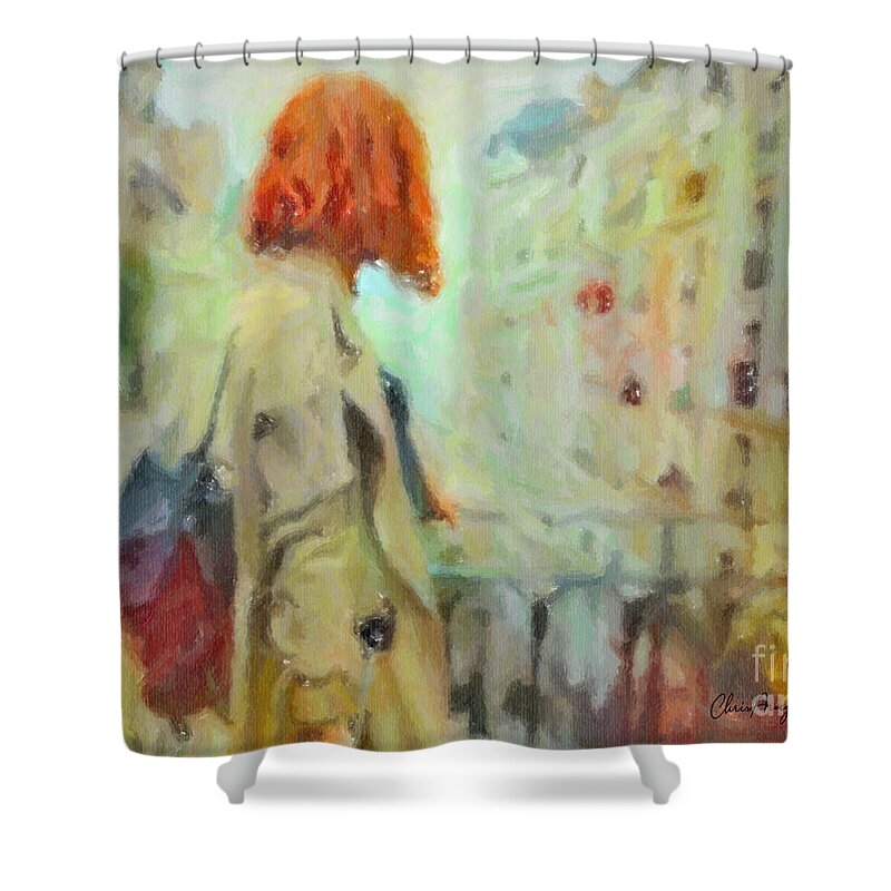 Red Hair Shower Curtain featuring the pastel Feel the Rain by Chris Armytage