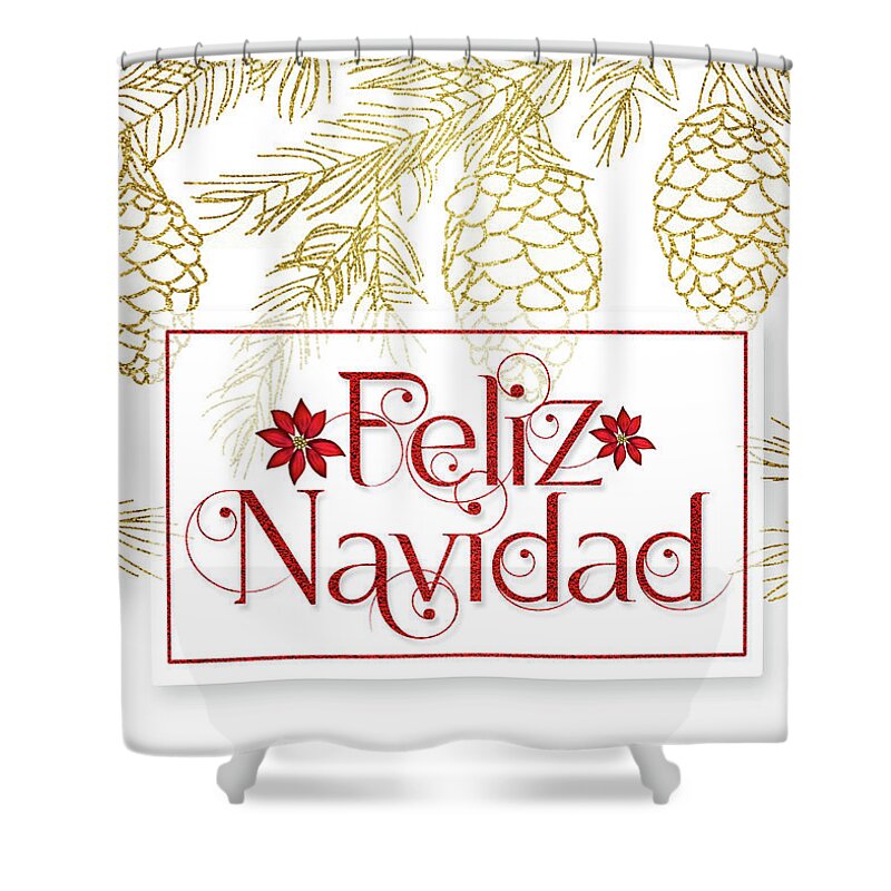Christmas Shower Curtain featuring the digital art Feliz Navidad Golden Pines with Red Typography by Doreen Erhardt