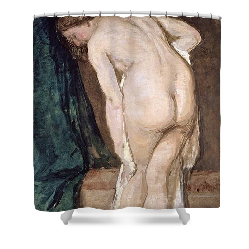 Eduardo Rosales Shower Curtain featuring the painting 'Female Nude -after bathing-', ca. 1869, Spanish School, Oil on canvas, 185 cm x 90 cm, P04616. by Eduardo Rosales -1836-1873-