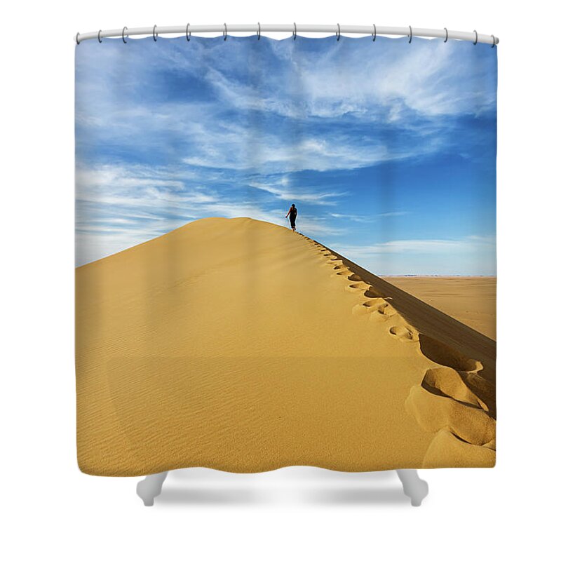 Scenics Shower Curtain featuring the photograph Female Tourist Standing On The Top Of by Hadynyah