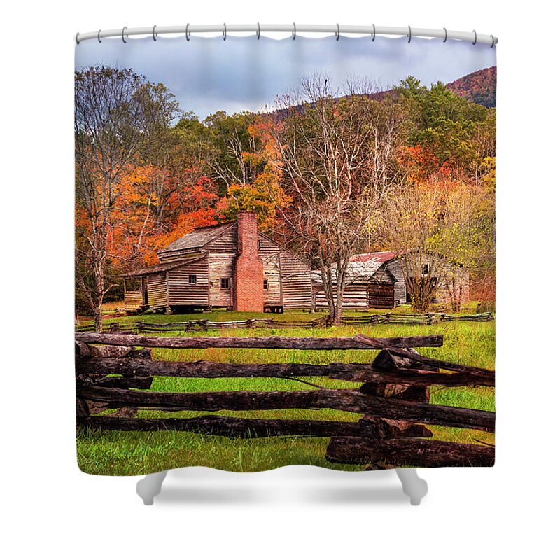 Appalachia Shower Curtain featuring the photograph Fences and Cabins Cades Cove by Debra and Dave Vanderlaan