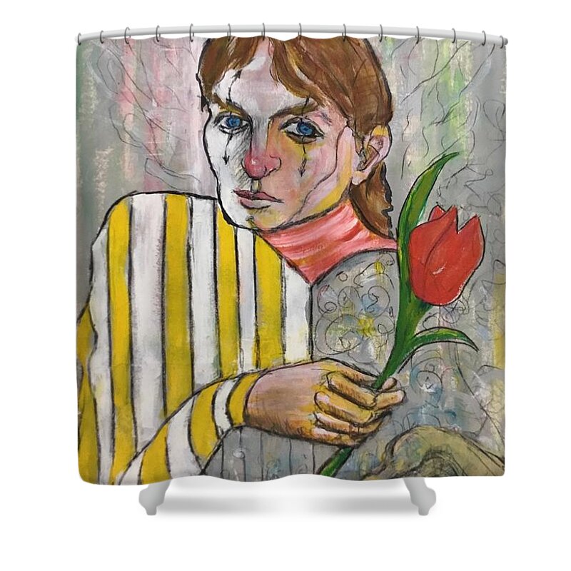 Ricardosart37 Shower Curtain featuring the painting Harlequin with Wings Holding a Red Tulip by Ricardo Penalver deceased