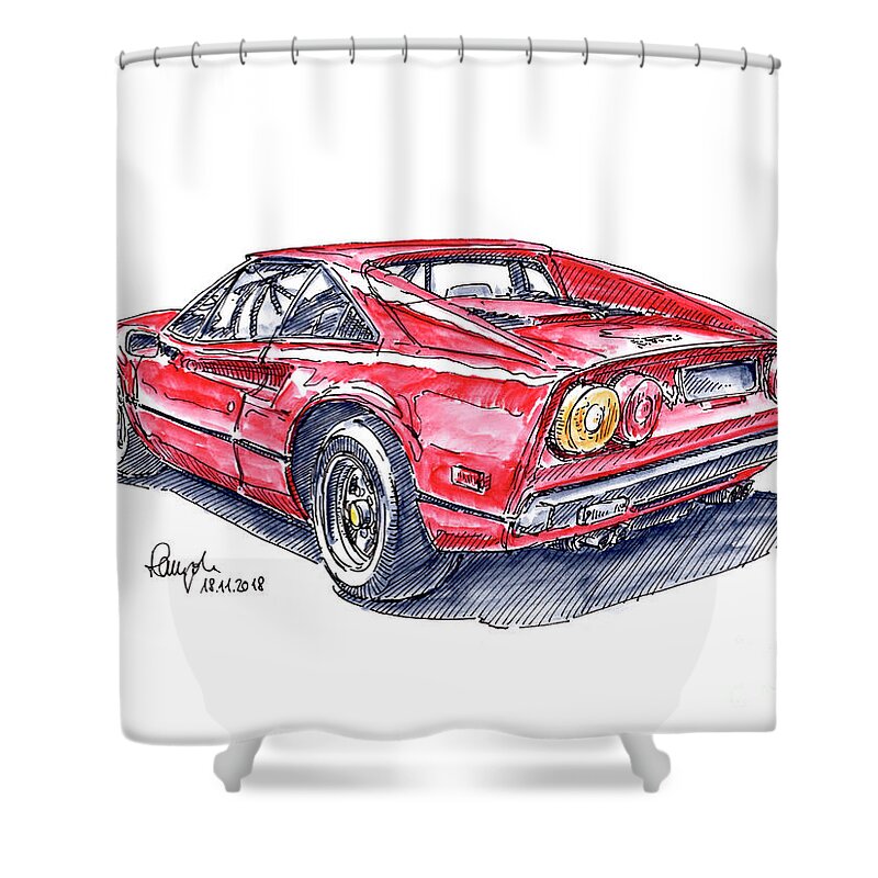 Ferrari Shower Curtain featuring the drawing Ferrari 308 GTB Sports Car Ink Drawing and Watercolor by Frank Ramspott