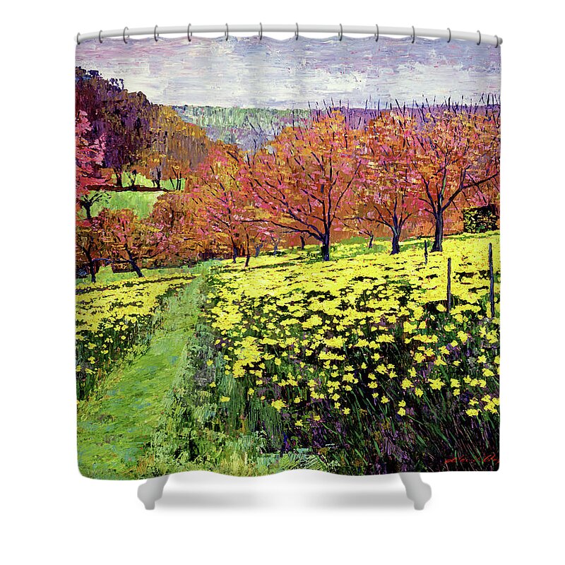 Impressionist Shower Curtain featuring the painting Fields of Golden Daffodils by David Lloyd Glover