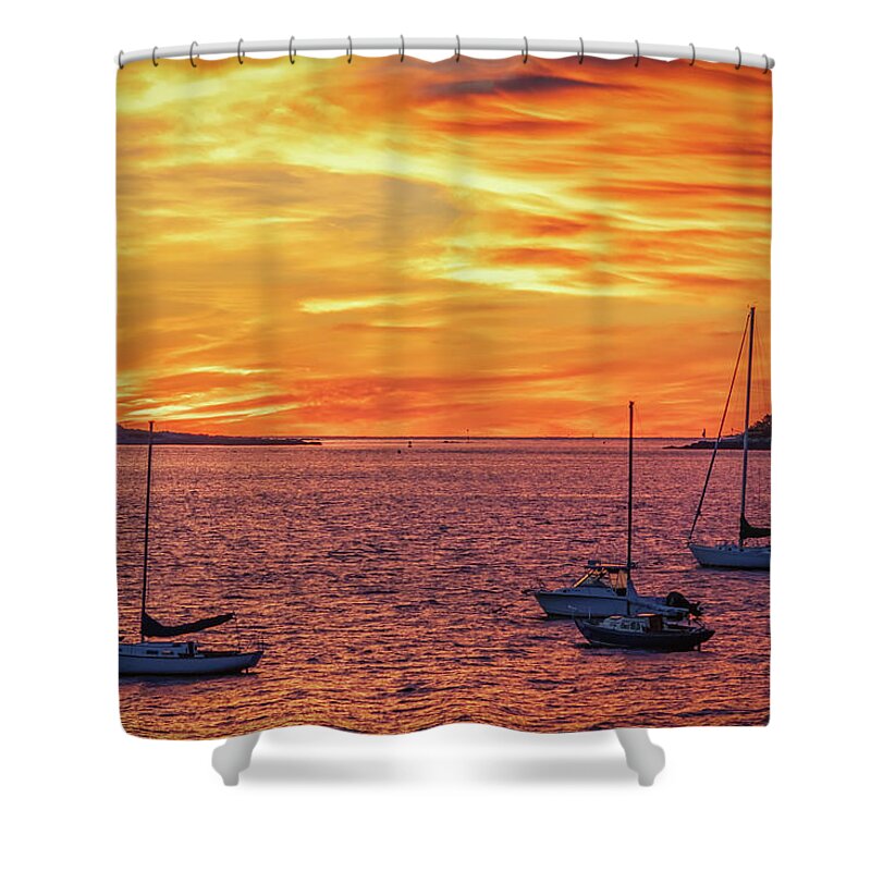 Casco Bay Shower Curtain featuring the photograph Fiery Sunrise over Casco Bay by Kristen Wilkinson