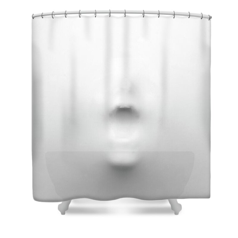 Problems Shower Curtain featuring the photograph Figure Pushing Through Rubber by Mark Mawson