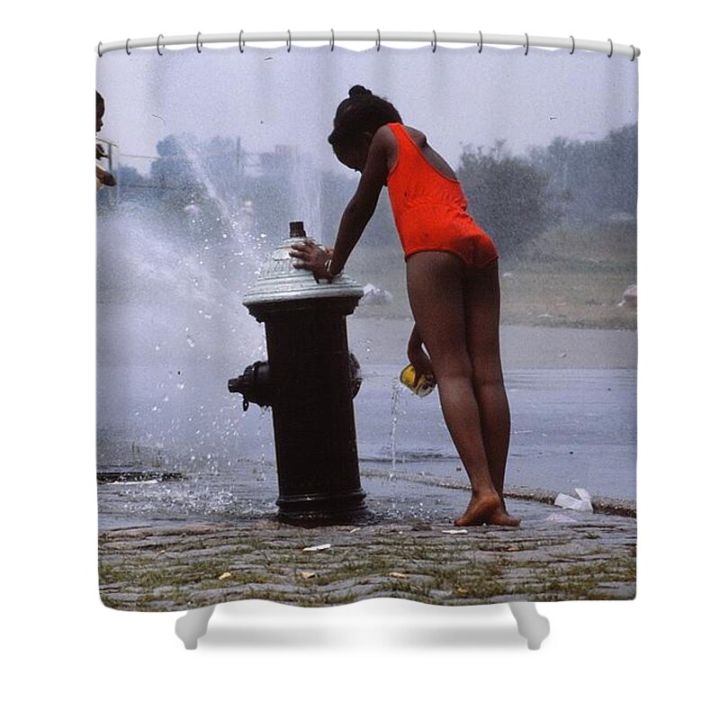 Summer Shower Curtain featuring the photograph FIRE HYDRANT FUN IN SUMMER - Version 2 by Marty Klar