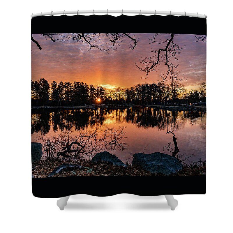 Red Morning Shower Curtain featuring the photograph Fire on the Water by William Bretton