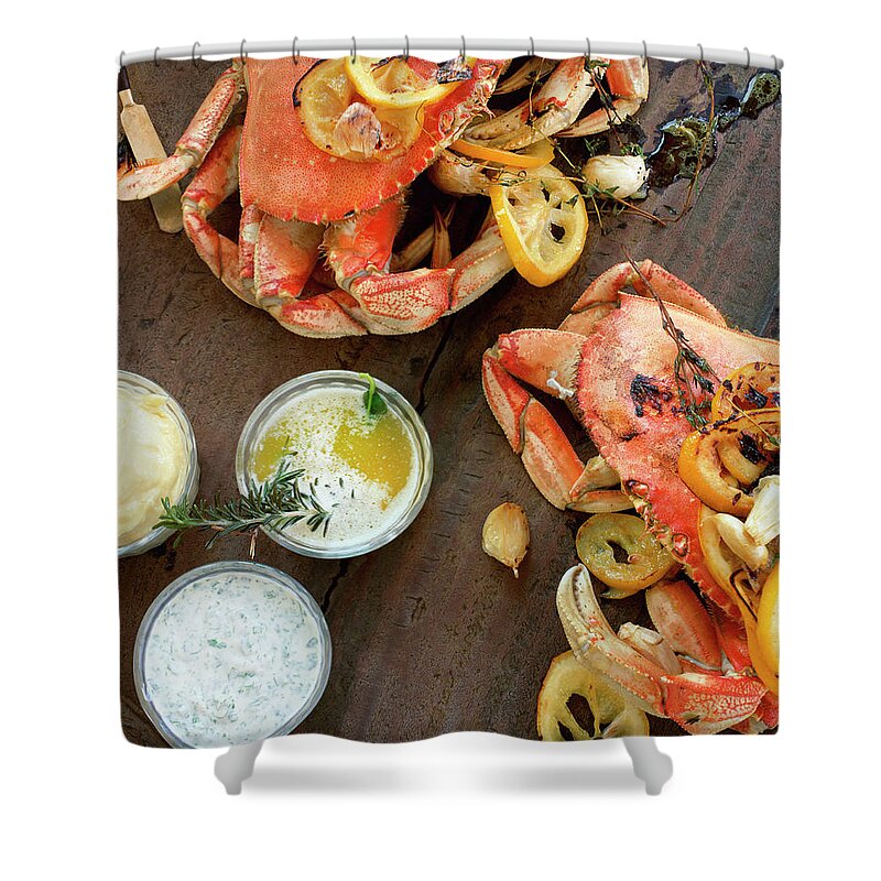 Roast Dinner Shower Curtain featuring the photograph Fire Roasted Dungeness Crabs On Wooden by Lisa Romerein