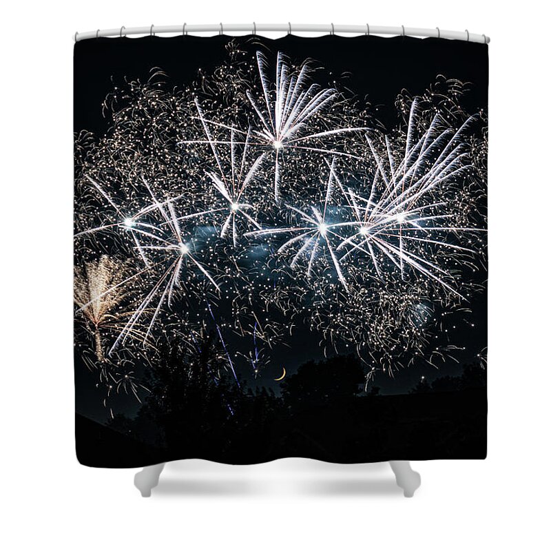 Fireworks Shower Curtain featuring the photograph Fireworks and Moon 2 by Allin Sorenson