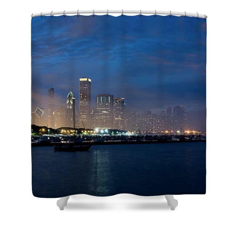 Firework Display Shower Curtain featuring the photograph Fireworks Over Chicago by Chris Pritchard