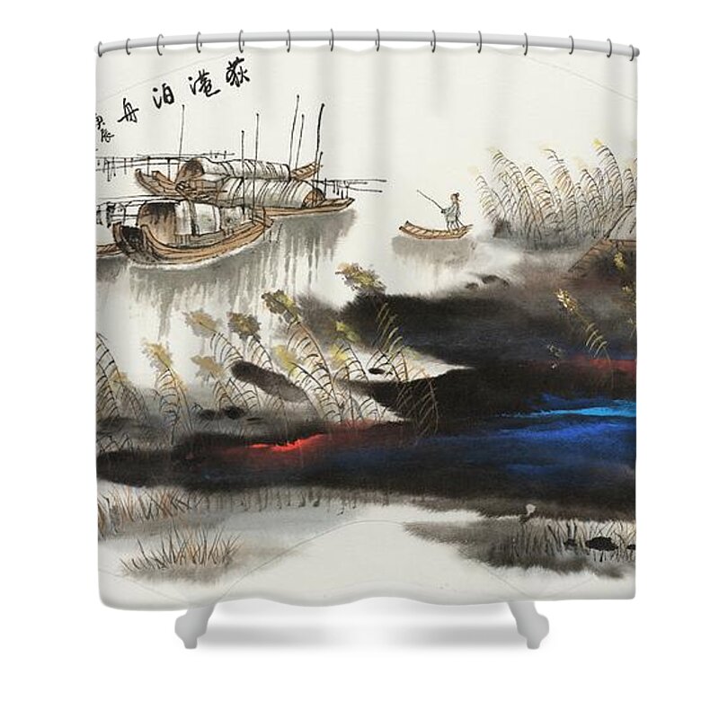 Chinese Watercolor Shower Curtain featuring the painting Returning to the Sampan at Evening  by Jenny Sanders