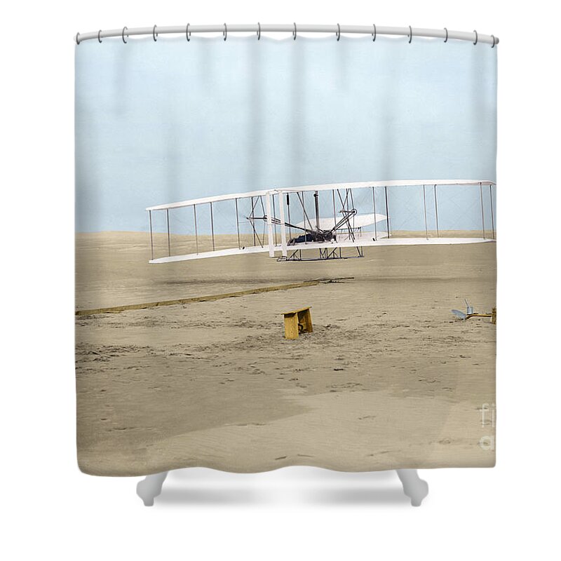 Wright Shower Curtain featuring the photograph First Flight Of The Wright Brothers December 17, 1903, Kitty Hawk, North Carolina by Unknown