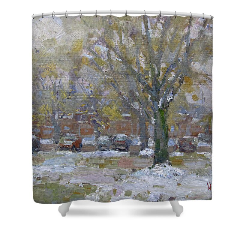 Snowfall Shower Curtain featuring the painting First Snowfall November 2018 by Ylli Haruni