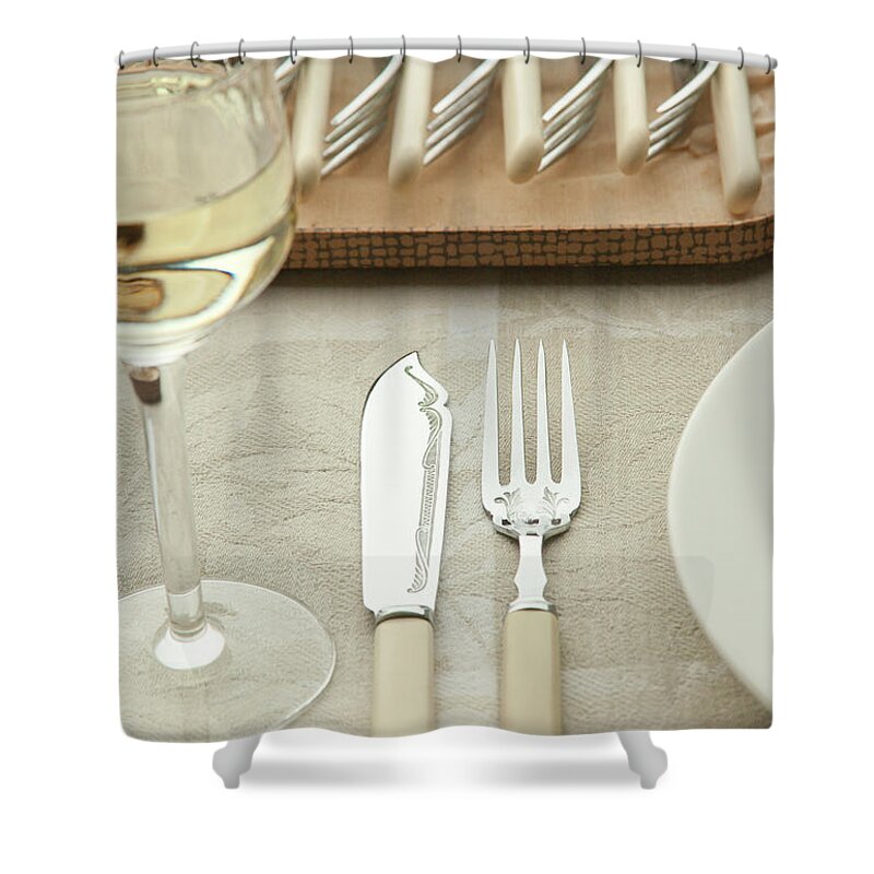 In A Row Shower Curtain featuring the photograph Fish Knife And Fork Set At Table Setting by Bill Boch