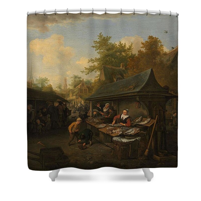 Canvas Shower Curtain featuring the painting Fish Market. by Cornelis Dusart