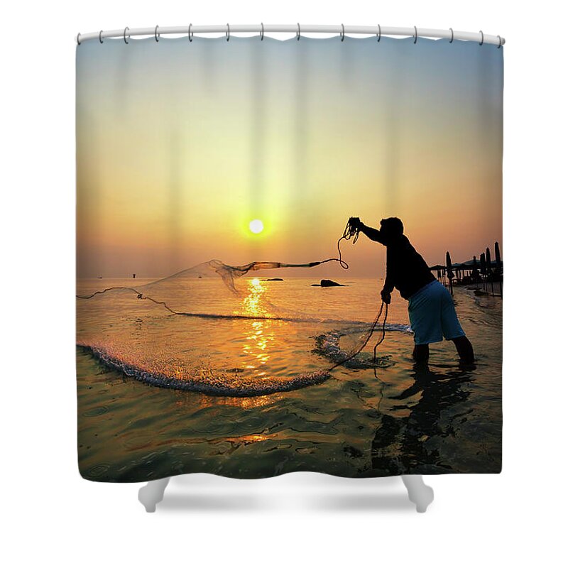 People Shower Curtain featuring the photograph Fisherman Catching A Fish by Monthon Wa