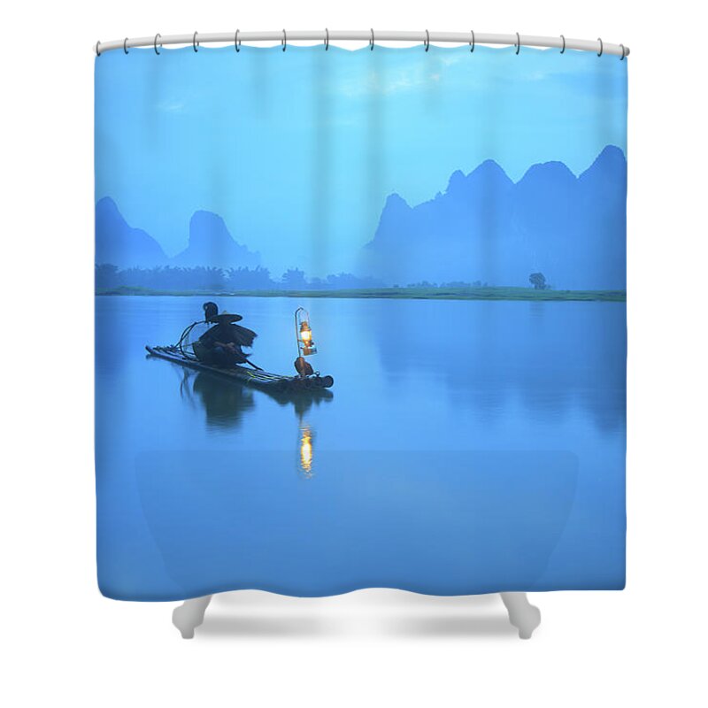 Chinese Culture Shower Curtain featuring the photograph Fisherman On Li River by Bihaibo