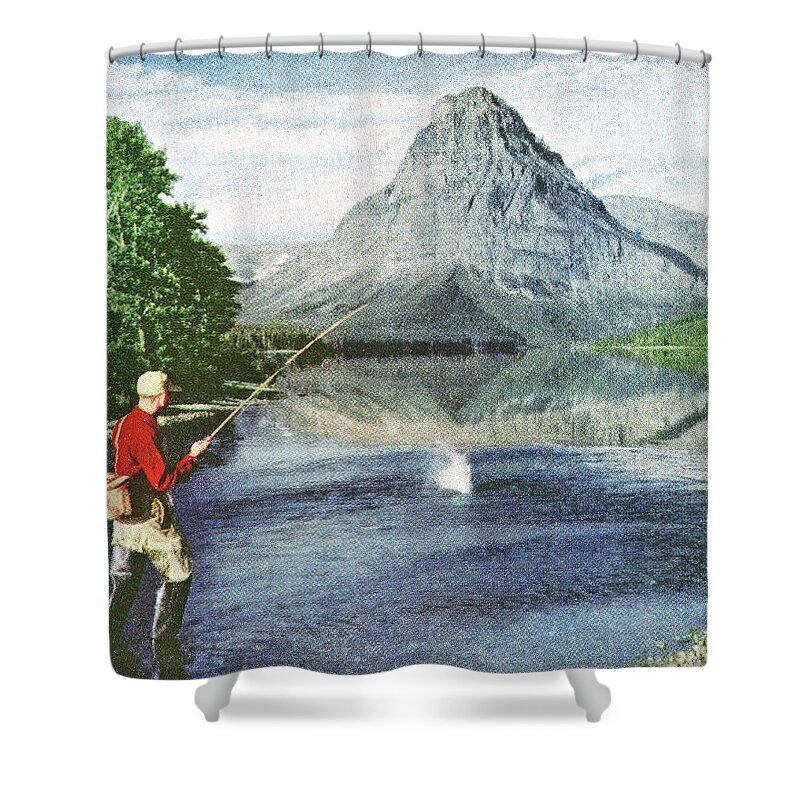 Activity Shower Curtain featuring the drawing Fisherman Wading in a Lake by a Mountain by CSA Images