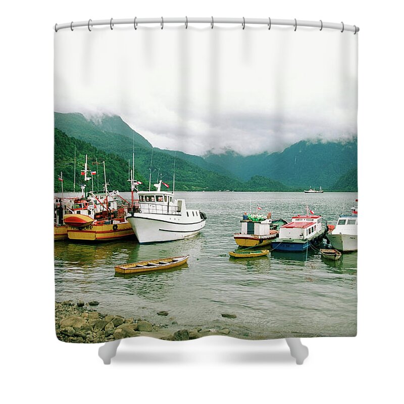 Latin America Shower Curtain featuring the photograph Fishing Boats In A Lake, Puerto by Medioimages/photodisc