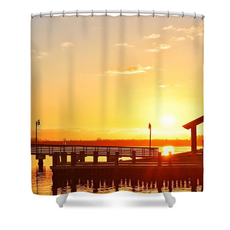 Landscape Shower Curtain featuring the photograph Fishing Pier at Sunrise by Vicki Lewis