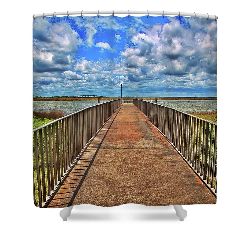 Calm Shower Curtain featuring the photograph Fishing Pier in Marsh by Darryl Brooks