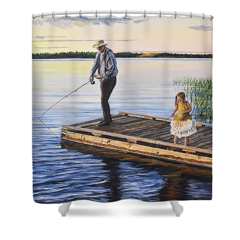 Fishing Shower Curtain featuring the painting Fishing With A Ballerina by Marilyn McNish