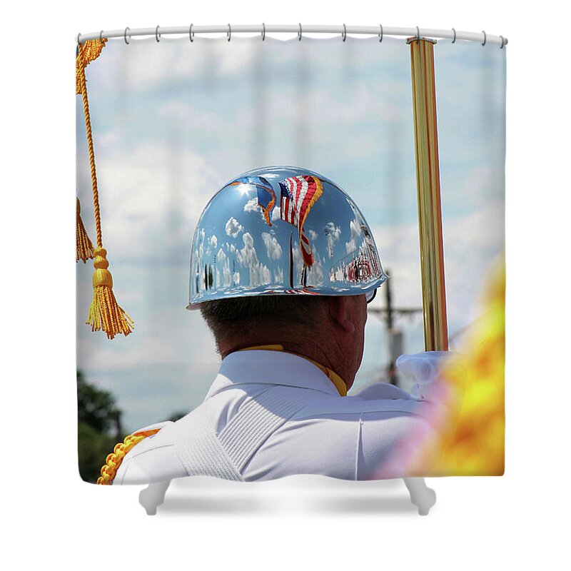 American Flag Shower Curtain featuring the photograph Flags Reflection in Veteran Helmet by Toni Hopper