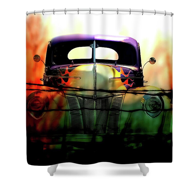  Shower Curtain featuring the mixed media Flamed and Barbed Vintage Car by Lesa Fine
