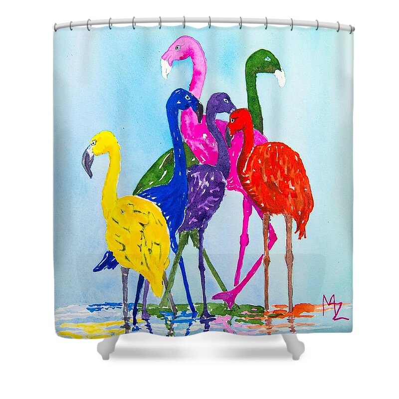 Flamingo Shower Curtain featuring the painting Flamingo Colorplay by Margaret Zabor