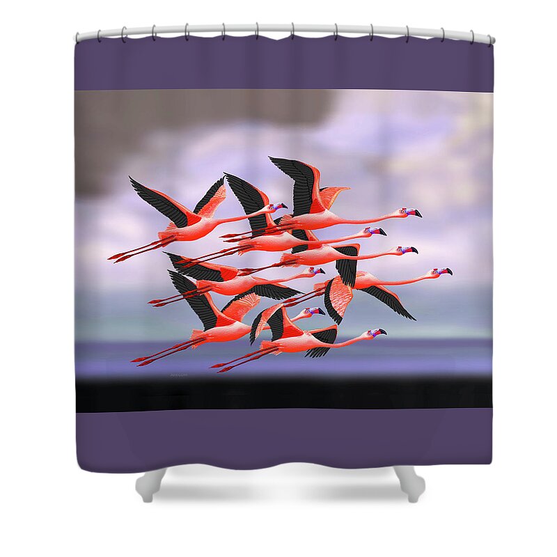 Flamingos Shower Curtain featuring the painting Flamingos in Flight by David Arrigoni