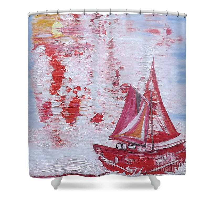 Acrylic Shower Curtain featuring the painting Fleeting, a red seacape artwork by Denise Morgan