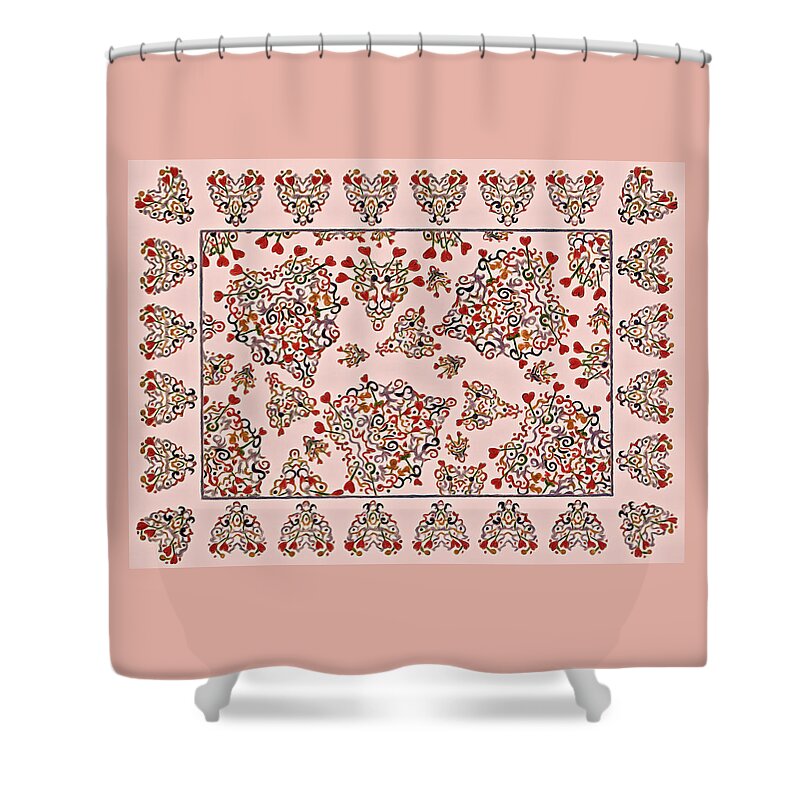 Lise Winne Shower Curtain featuring the digital art Floating Hearts with Border in Salmon Pink by Lise Winne